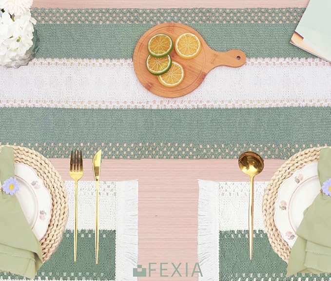 Sage Green Boho Placemats Set of 4 Table Mats Farmhouse Dining Decor | 12x20" Woven Burlap Place Mat with Tassel for Kitchen and Dining Table Centerpiece Home Decorations Rustic Boho Kitchen Decor