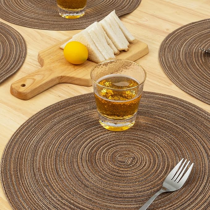Winknowl Round Braided Placemats Set of 8 Washable Woven Heat Resistant Table Mats for Kitchen Dining Tables 15 inch Round Place Mats (Brown,8)