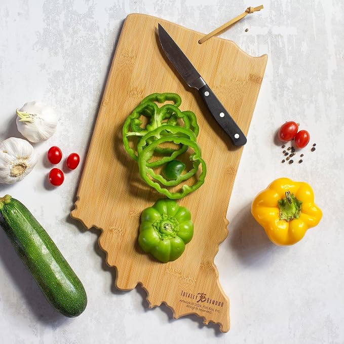 Totally Bamboo Indiana State Shaped Cutting Board, Art by Fish Kiss | State charcuterie board with colorful hand-drawn map artwork. Smooth reverse side for food prep. Hang tie for wall display.