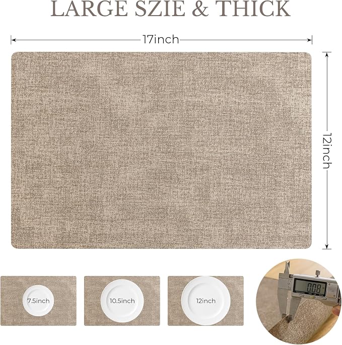 Romanstile Vinyl Placemats Set of 4-12 X 17 Inch - Faux Leather 100% Waterproof Wipeable Anti Slip Place Mats, Heat Resistant Reversible PU Table Mats for Kitchen Dining Party Outdoor, Khaki