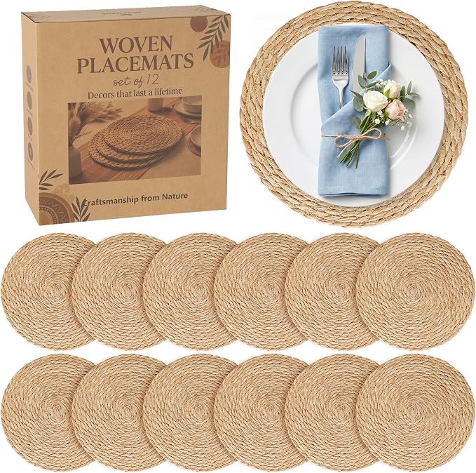 12 Pack 12IN Round Woven Placemats, Natural Bulrush Boho Farmhouse Mats | Heavy-duty hand-woven wicker mats for dining table, kitchen, patio BBQ, garden party. Flat-packed storage box. Rustic decor.