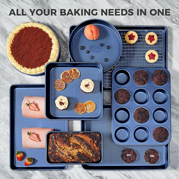 9-Piece Baking Pans Set Nonstick, Stackable Non Toxic Bakeware Sets with Diamond Texture, Oven Pan Set for Cooking, Includes Cookie Sheet with Rack, Cake Pan, Roasting Pan, Muffin Tin, Blue