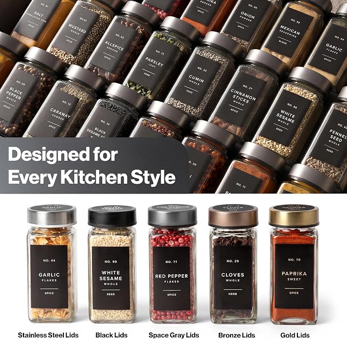 Glass Spice Jars with Label, 24x Space Gray Stainless Steel Lids | Airtight Lids keep spices fresh, Kitchen Spice Drawer Organizer, 4oz Seasoning Containers incl. Funnel, Brush & 240 Labels