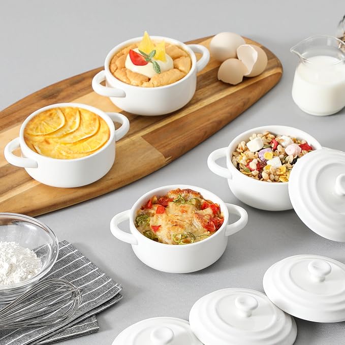 MALACASA Mini Cocotte Set of 4, 14 OZ Ceramic Casserole Dishes with Lids | Single Serving Small Dutch Oven Set, Lasagna, Soufflé, French Onion Soup, Pudding, Oven, Dishwasher Safe with Handles, White