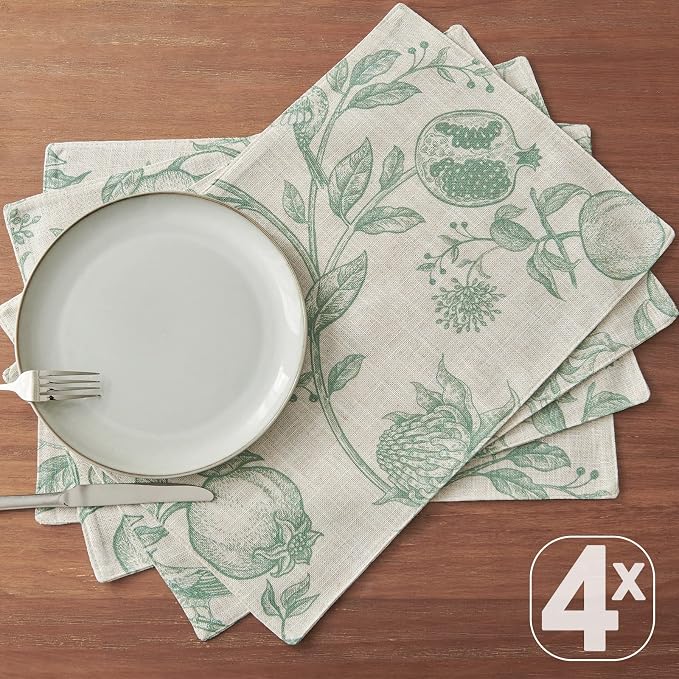JINCHAN Linen Placemats Set of 4 Farmhouse Botanical Print 13x19 Inch Green | Fabric Placemats, Cottage Style, Botanical Bird Motif, Machine Washable, Easy to Store, Reusable