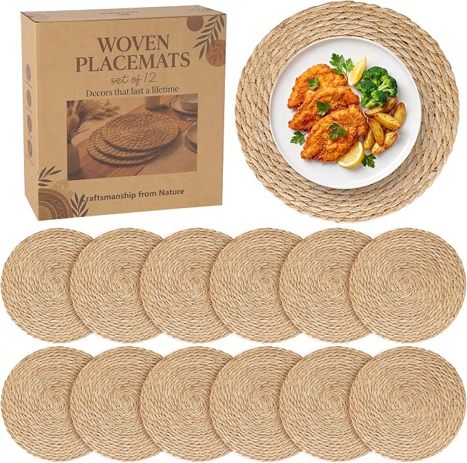 12 Pack 15IN Round Woven Placemats, Natural Bulrush Boho Farmhouse Mats | Heavy-duty hand-woven wicker mats for dining table, kitchen, patio BBQ, garden party. Flat-packed storage box. Rustic decor.