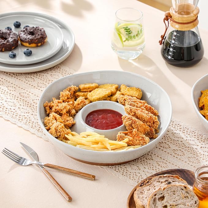 MALACASA Ceramic Chips and Dip Serving Tray, 12 Inch Dip Serving Tray | Free-Form Divided Ceramic Chips and Dip Bowls for Parties, Hosting and Entertaining, Khaki Gray