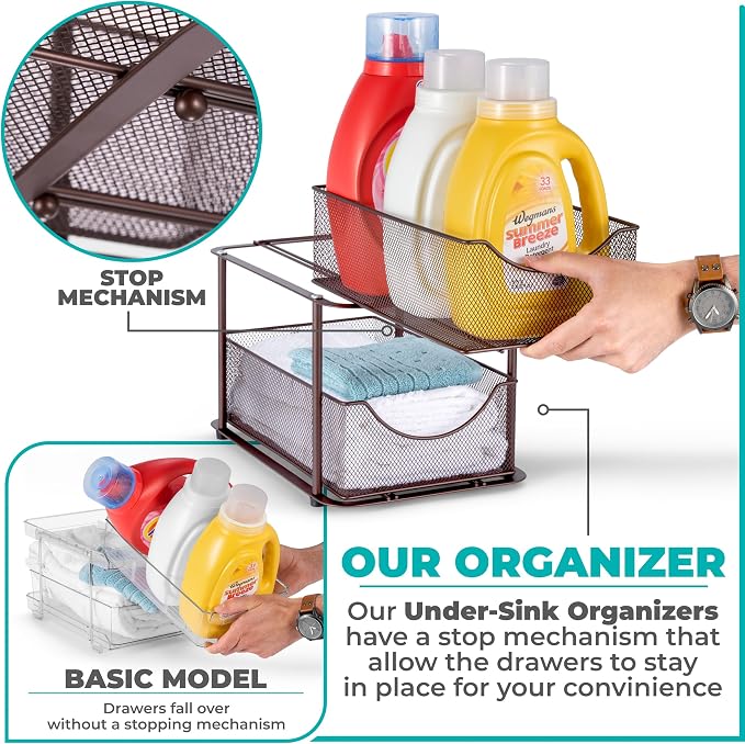 Sorbus 2 Tier Metal Under Sink Organizer for Bathroom, Kitchen, Strong Steel Mesh Sliding Drawers for Under Sink, Under Cabinet, Closet, Kitchen, Pantry, Bathroom Organizers and Storage (Brown)
