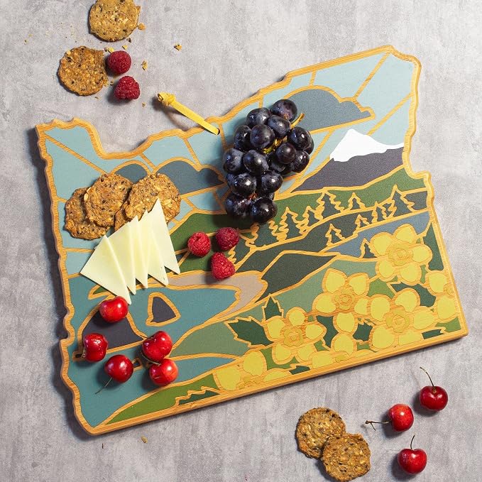 Totally Bamboo Oregon State Shaped Cutting Board, Summer Stokes Art | State charcuterie board with colorful hand-drawn landscape art. Smooth reverse side for food prep. Hang tie for wall display.