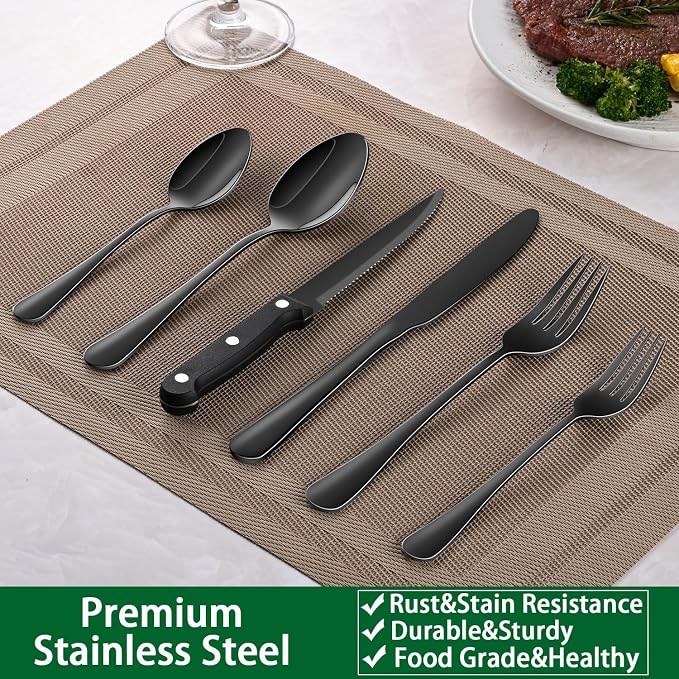 24-Piece Black Silverware Set with Steak Knives, Black Flatware Set for 4, Food-Grade Stainless Steel Tableware Cutlery Set, Mirror Finished Knife Spoon And Fork Sets for Home Restaurant