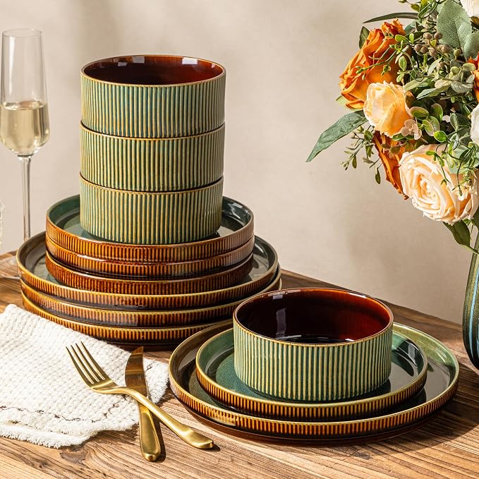 GBHOME Stoneware Dinnerware Sets for 4, 12 Pieces Plates and Bowls Set | Lightweight Ceramic Ribbed Dishes,Reactive Glaze Stackable Plate Set,Scratch Resistant,Microwave Dishwasher Safe,Maroon Olive
