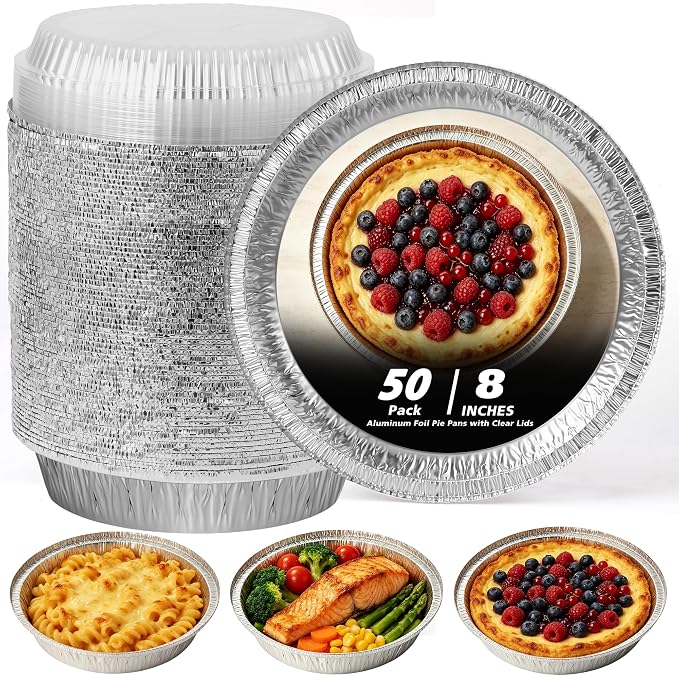 50Pack 8" Round Aluminum Foil Pans with Clear Lids – Pie Tins Disposable to go Containers with lid for Baking, Storing Leftovers, and Meal Prep, Freezer & Oven Safe Baking Pan