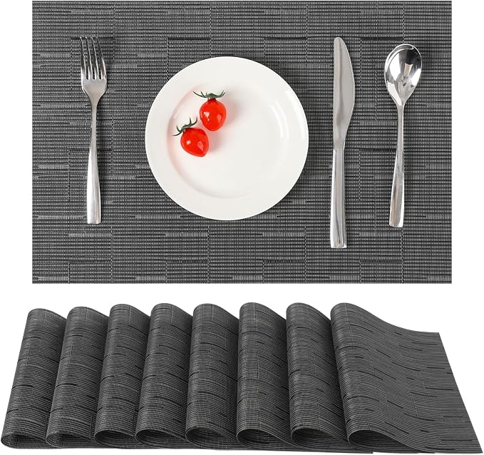 Myir JUN Placemats Set of 8 Kitchen and Dining Table Placemats | Vinyl Placemats Place Mats Indoor/Outdoor Set of 8 Washable Table Mats Non-Slip Place mats for Dining Table, Black-gray