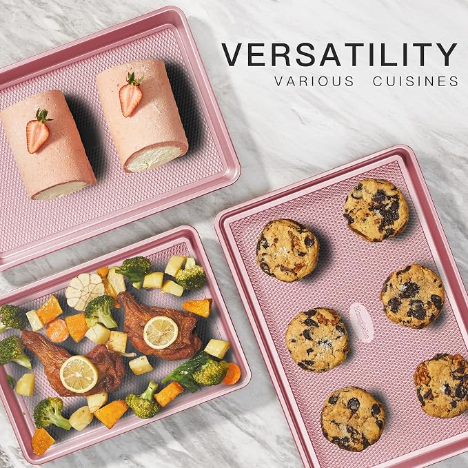 Baking Sheet Pan Set, Cookie Sheets for Oven, Nonstick Half/Quarter/Jelly Roll Pans with Diamond Texture Pattern, Heavy Duty Cookie Tray, Pink