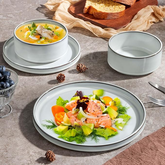 Herogo Plates and Bowls Dinner Dishes Sets for 6, 18 Pieces Ceramic Stoneware Dinnerware Set, Rustic Terracotta Bottom, Dishwasher & Microwave Safe, Icy White