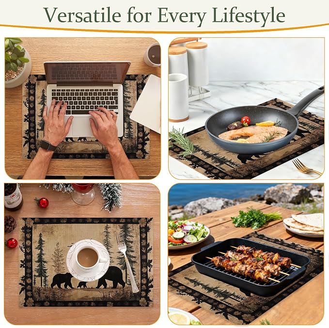 Bear Family Cloth Placemats,Vintage Forest Wildlife Heat-Resistant Table Placemats Set of 6, Washable Linen Place Mats for Dining Room Table Decor Home Restaurant Cafes Holiday Party 11.8x17.7 Inch