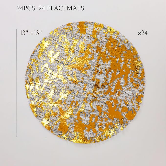 Snowkingdom Black Gold Placemats Round Disposable Sparkly Paper Metallic Glitter Foil Gold Doilies Luxury Dining Table Decoration Centerpieces for Party Birthday Wedding Christmas Shower Set of 24