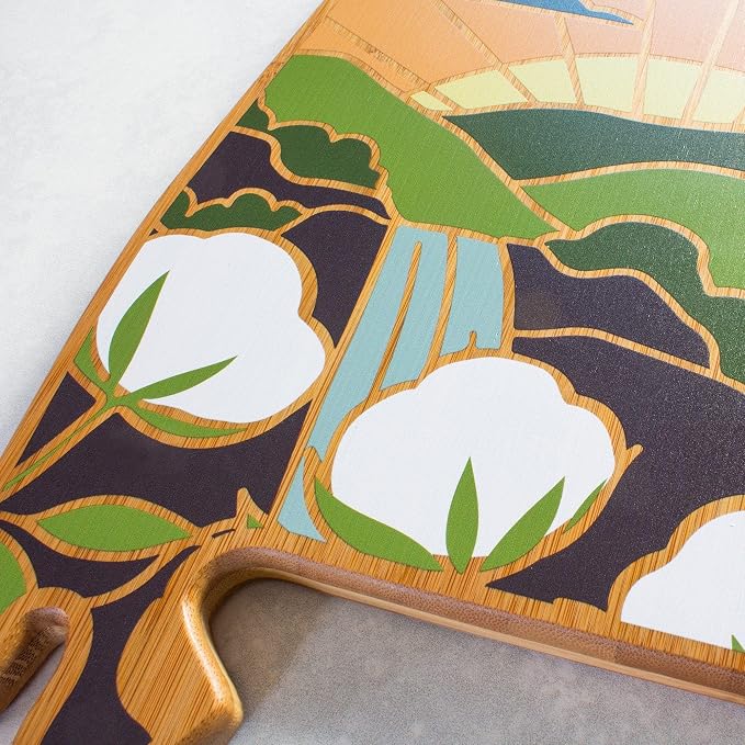 Totally Bamboo Alabama State Shaped Cutting Board, Summer Stokes Art | State charcuterie board with colorful hand-drawn landscape art. Smooth reverse side for food prep. Hang tie for wall display.