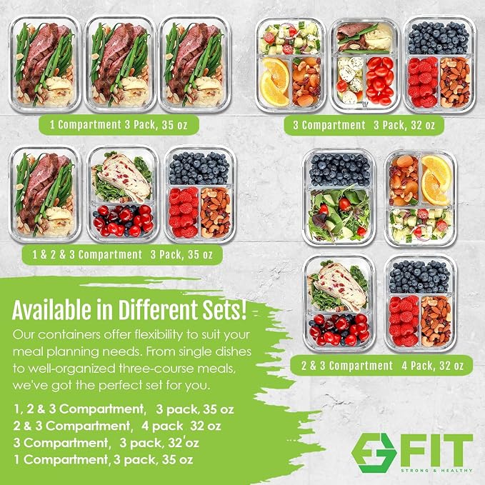 Glass Meal Prep Containers 1 & 2 & 3 Compartments, Airtight, 35 oz, 3 Pack | Bento Lunch Box, Stackable Portion Control Food Storage Containers for Adults, Divided, Microwave Oven Freezer Safe, Black