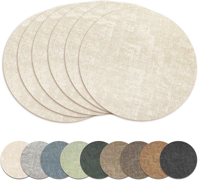 13" Round Placemats Set of 6, Reversible Faux Leather Wipeable Table Mats | 2mm Vinyl Heat Resistant, Waterproof Oilproof Scratch Proof Non-Slip, Washable for Kitchen Dining Indoor Outdoor (Beige)