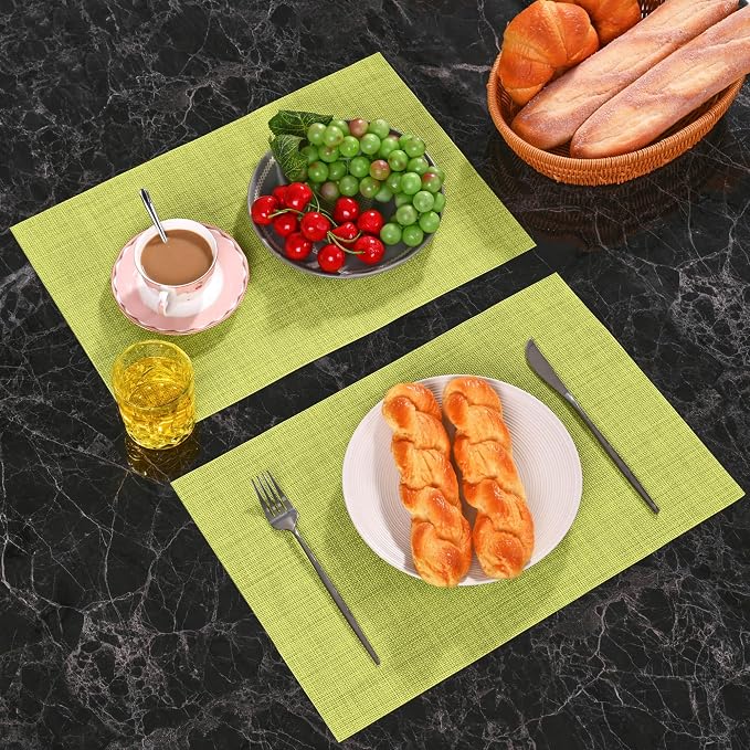 Zupro Grass Green Placemats Set of 4 Woven 18"x12" for Indoor/Outdoor Use | Washable Heat-Resistant Non Slip Table Mats PVC Vinyl Kitchen Dining Patio Table Place Mats for Holidays Dinner Parties BBQs