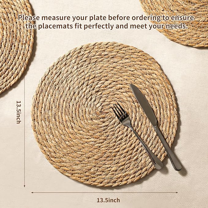 13.8'' Round Woven Placemats Set of 8, Boho Wicker Chargers, Terrekraft | Handmade from Natural Water Hyacinth, Heat-resistant & Non-slip Rattan Chargers, Rustic Farmhouse Decor, Party & Daily Dining