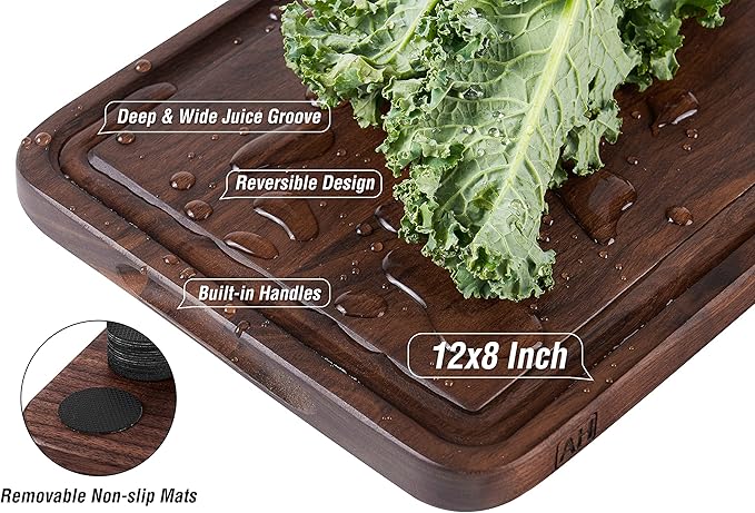 Walnut Wood Cutting Board for Kitchen 12x8 in Wooden Chopping Board | Walnut Cut Board with Juice Groove,Handles,Non-slip Mats,Thick Reversible Butcher Block,Cheese Charcuterie Board