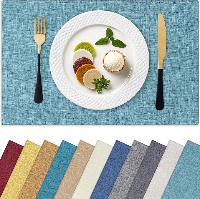 Homaxy Cloths Placemats for Dining Table Set of 8, 13" x 19", Aqua | Heat Resistant, Washable, Cotton Linen Blend Table Mats, Easy to Clean Place Mats, Indoor Outdoor