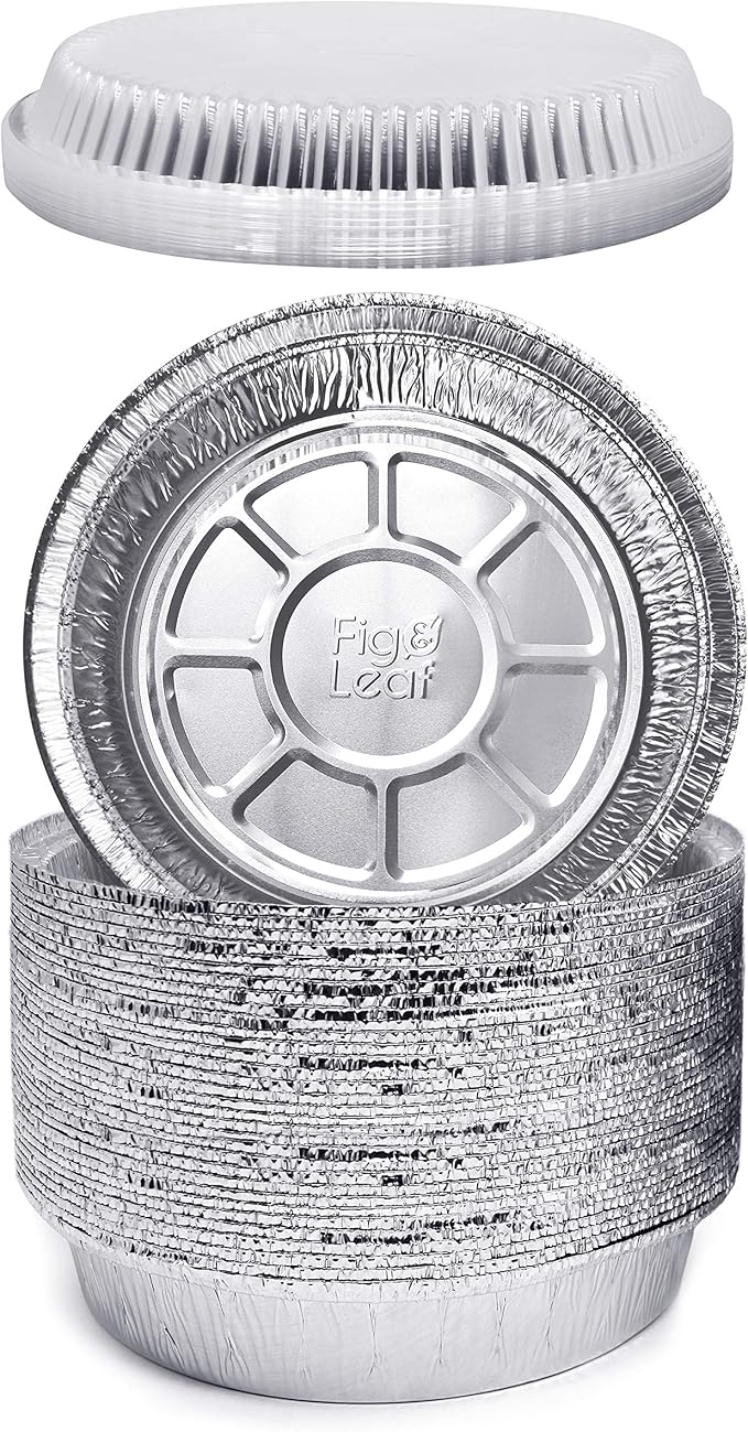 Fig & Leaf (270 Pack) Premium 9-Inch Round Foil Pans with Plastic Dome Lids l Heavy Duty l Disposable Aluminum Tin for Roasting, Baking, Cake or Cooking