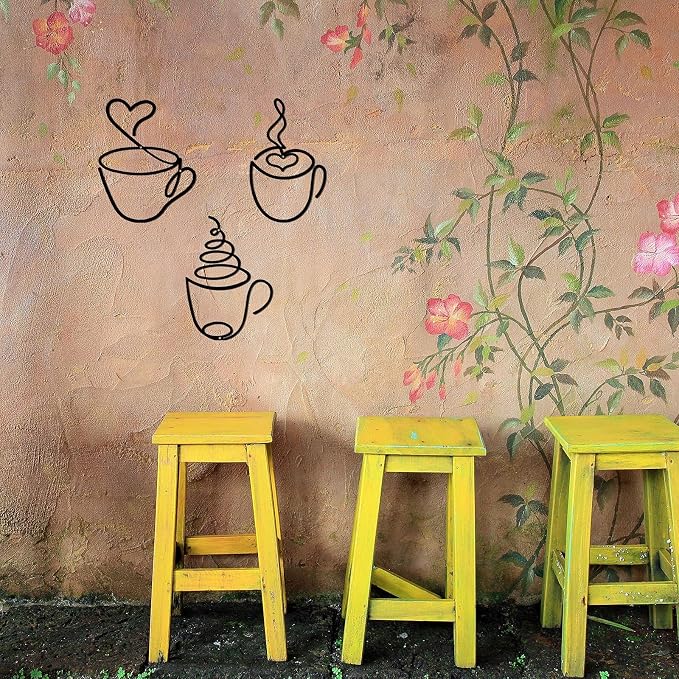 Ferraycle 3 Pieces Coffee Cup Metal Wall Art Wire Coffee Bar Hanging Decor Cafe Themed Vintage Rustic Metal Sign for Kitchen Restaurant Shop Home Office Accessories | Hanging Wall Decor, Rustic Wire Sculpture,Cafe Home Restaurant Kitchen Accent, Easy W...