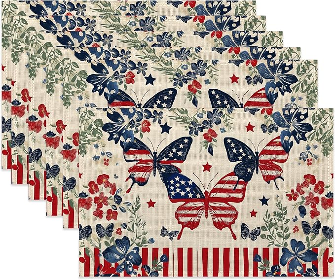 Independence Day Cloth Placemats,American Butterfly Flowers Heat-Resistant Table Placemats Set of 6, Washable Linen Place Mats for Dining Room Table Decor Home Restaurant Cafes Party 11.8x17.7 Inch