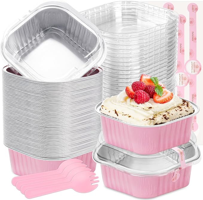 Square Cake Pans with Lids, 60 Pack Pink 10oz for Bake Sales | Works for sweet bites, savory samples, dips and layered cups; paired extras make serving details easier to finish.