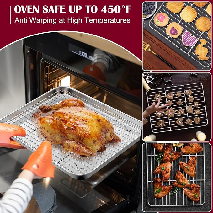 E-far Baking Sheet with Wire Rack, Stainless Steel 2 Pans + 2 Racks | 16 x 12 Inch Cookie Sheets Pan & Cooling Rack for Baking Cookies/Jelly Rolls, Non Toxic & Heavy Duty, Oven & Dishwasher Safe