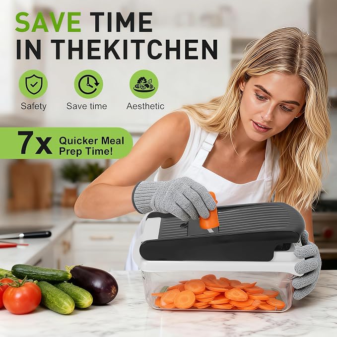 Stainless Steel Mandoline Slicer, Safe Veggie Dicer Kitchen Prep Tool | Multi stainless steel blades with safety guard, detachable structure for quick fruit and vegetable cleaning