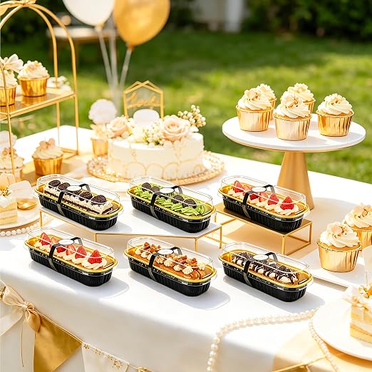 NPLUX Loaf Pans with Lids, 50 Pack Black Gold 6.8oz for Weddings | Use for cake slices, loaf cuts, tiramisu and truffle layers; clear top helps buyers see the finished look.