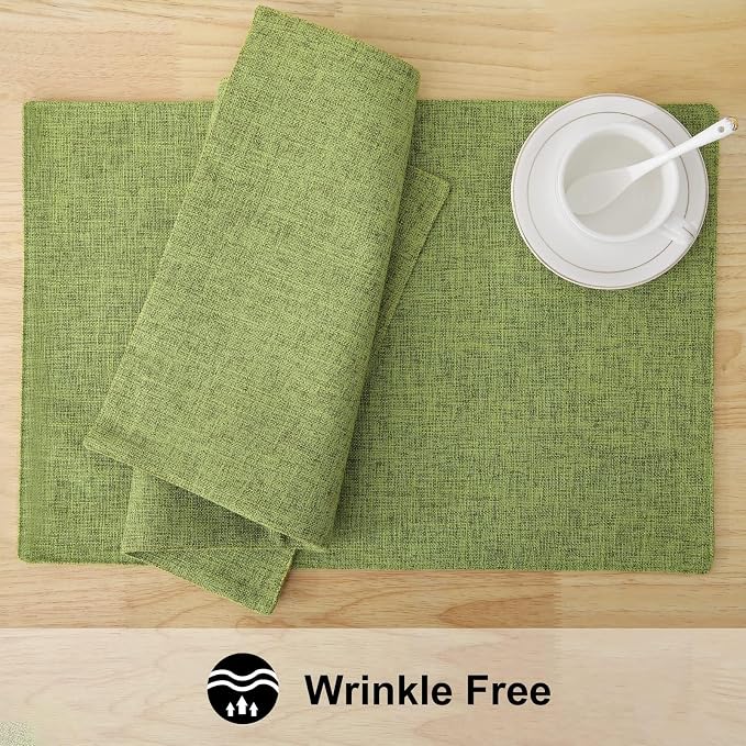 Faux Cotton Linen Placemats Set of 8, Cloth Washable Farmhouse Dining Table Mats for Indoors & Outdoors, Easy to Clean, Grass Green, 13 x 19 Inch