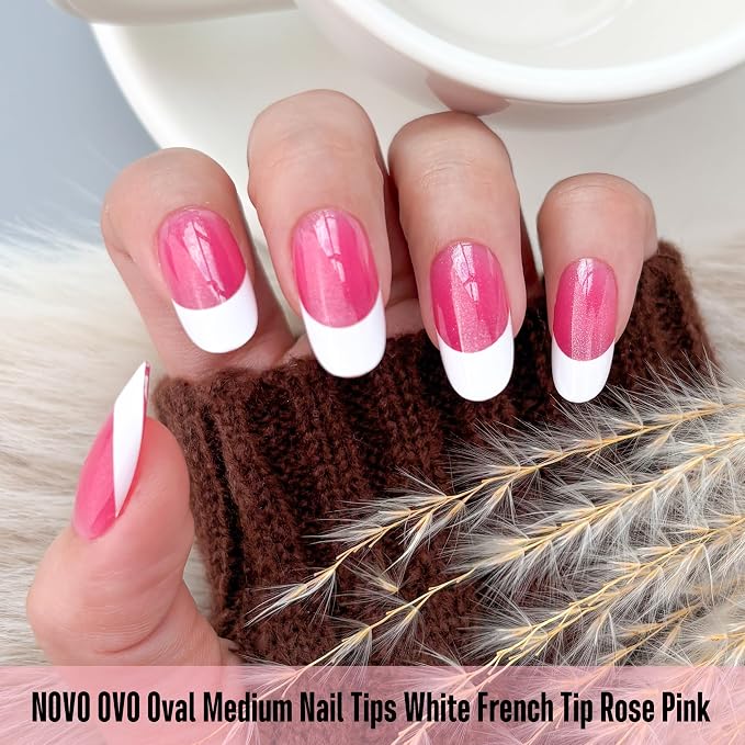 NOVO OVO White French Tip Oval Nail Tips Press on ROSE PINK, Extra Thick Medium Soft Gel Fake Nail Acrylic Extension, Need Builder Gel Top Coat, No Glue Included, for Salon DIY x 15 Sizes 240 pcs