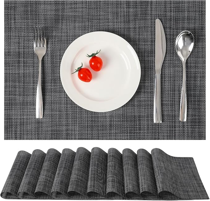 Myir JUN Placemats Set of 10 Kitchen and Dining Table Placemats | Vinyl Placemats Place Mats Indoor/Outdoor Set of 10 Washable Table Mats Non-Slip Place mats for Dining Table, Dark Gray-black