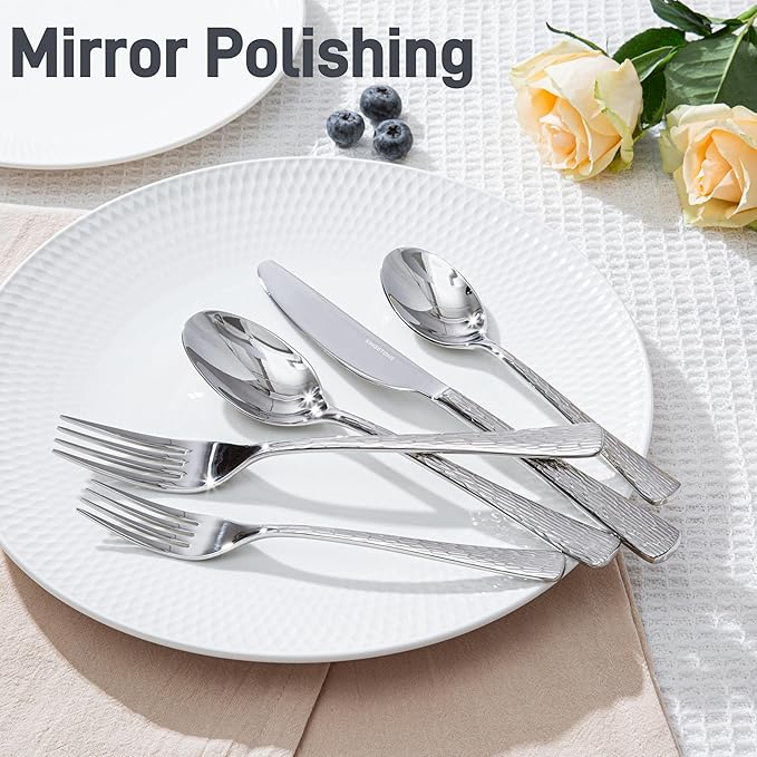Silverware Set for 6, 30 Piece Flatware Set, 18/10 Stainless Steel | Hammered Mirror Polished Ripple Handles, Dishwasher Safe, Rust Resistant, for Home Kitchen, Wedding, Party, Housewarming Gift