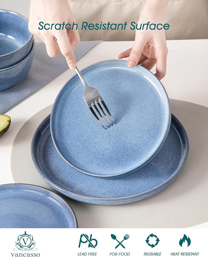 vancasso ANYA 24 Pieces Plates and Bowls Set, Blue Dinnerware Sets, Reactive Glaze Dishes Set for 8, Ceramic Dishware Sets Kitchen Dinner Set, Microwave & Dishwasher Safe
