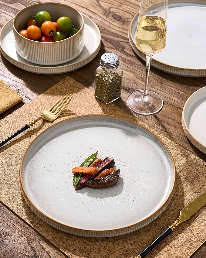 Stoneware Dinnerware Sets, Reactive Glaze Dishes Set for 8 | 24-Piece Ceramic Plates and Bowls Set, Microwave & Dishwasher Safe, Chip & Scratch Resistant, Modern Rustic, Cappuccino White