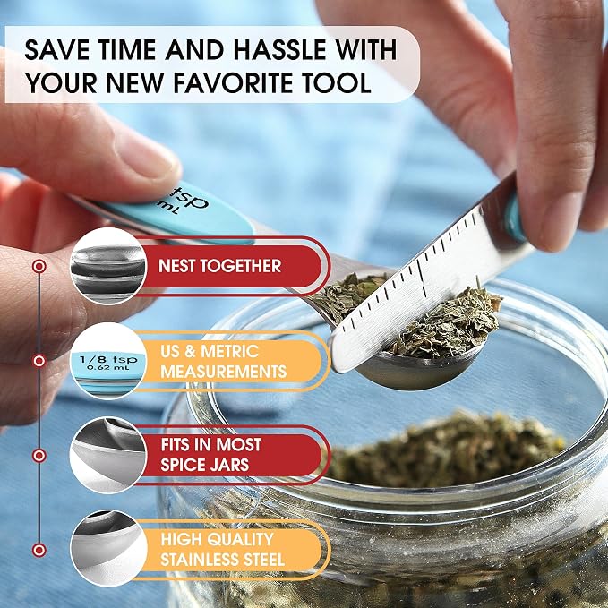 Spring Chef Stainless Steel 8 Magnetic Measuring Spoons, 2 Pack, Aqua Sky | Nesting Metal Teaspoon & Tablespoon Measuring Spoons with Leveler for Dry & Liquid Ingredients, Dual Sided, Dishwasher Safe