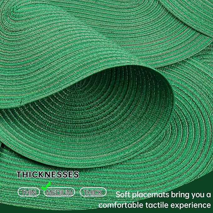 Placemats Set of 4, Woven Oval Braided Dining Table Mats(Green Shine) | 12 x 17.5 Inch Size Fits Plates and Flatware; Hand Washable and Heat Resistant for Kitchen Use, with Farmhouse and Boho Style