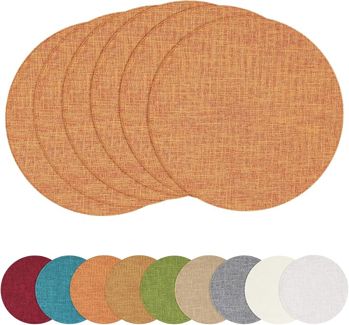 Cotton Linen 15 Inch Round Cloth Place mats, Set of 6, Orange | Washable Table Mats, Heat Resistant, Reversible, Wipeable Place Mats for Indoor Outdoor