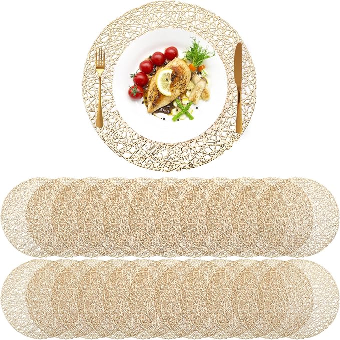 Sieral 48 Packs Gold Round Placemats 15 Inch Hollow Out Pressed Vinyl Place Mats Heat Resistant Woven Gold Placemats for Christmas Dinner Table Winter Holiday Party Wedding Centerpiece Decoration