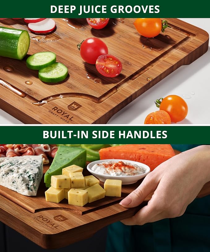 ROYAL CRAFT WOOD Wooden Cutting Boards for Kitchen Appliances - Non Toxic Bamboo Wood Cutting Board Set with Deep Juice Groove, Side Handles, Charcuterie & Butcher Block for Meat, Meal Prep & Serving