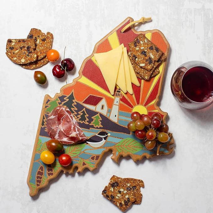 Totally Bamboo Maine State Shaped Cutting Board, Summer Stokes Art | State charcuterie board with colorful hand-drawn landscape art. Smooth reverse side for food prep. Hang tie for wall display.