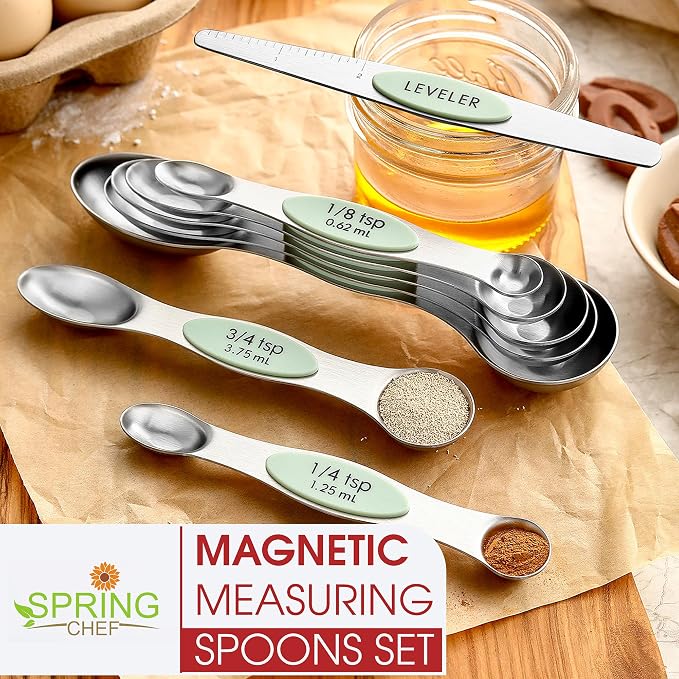 Spring Chef Stainless Steel Magnetic Measuring Spoons Set of 8, Pistachio | Nesting Metal Teaspoon & Tablespoon Measuring Spoons with Leveler for Dry & Liquid Ingredients, Dual Sided, Dishwasher Safe
