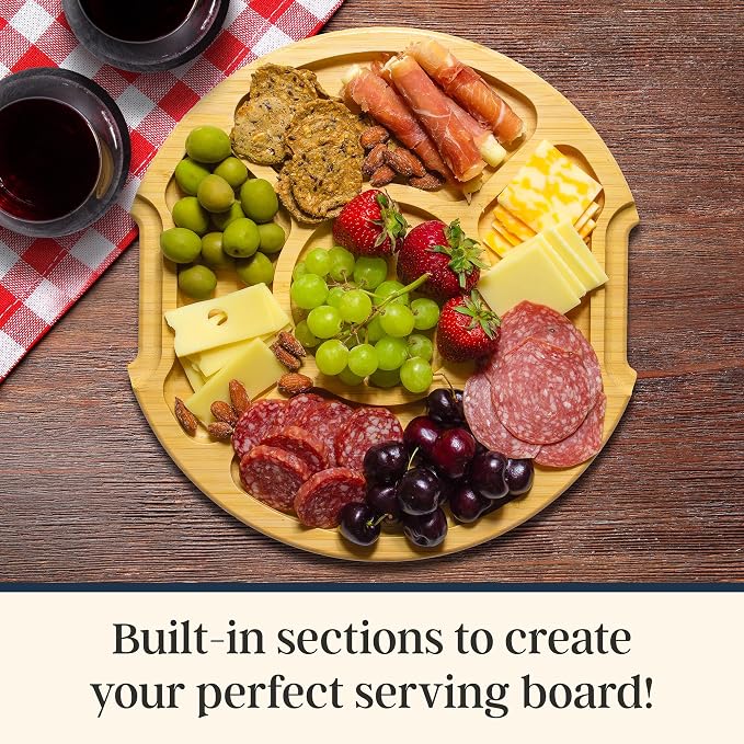 Totally Bamboo Flip, Serve & Store Reversible Charcuterie Board with Lid | Round portable serving board with 5 compartments and locking travel cover. Cutting side includes juice groove for prep.