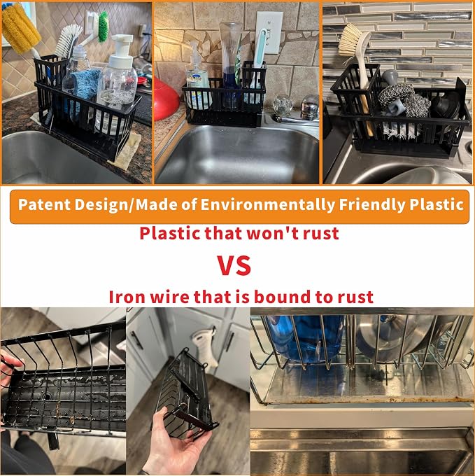 Rustproof Sink Caddy & Kitchen Sink Organizer,Plastic Dish Sponge Holder with High Scrub Brush Holder,Sponge Rack for Kitchen Sink,Multifunctional Sponge Drain Rack,Dish Soap Caddy & Dispenser